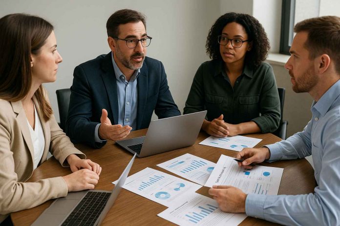 Pharma marketing team reviewing healthcare email marketing strategy