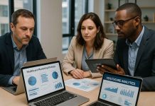 Healthcare Marketing Strategy: Cutting Through Digital Clutter in 2025 Pharma marketers planning a healthcare marketing strategy with digital tools and audience analytics displayed