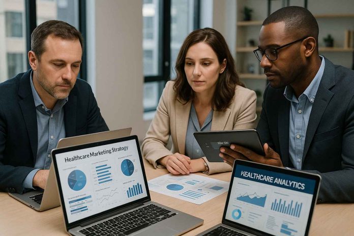 Pharma marketers planning a healthcare marketing strategy with digital tools and audience analytics displayed