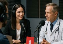 Healthcare Podcasts: Finding the Voice For Your Pharma Brand Healthcare podcast recording with pharma branding in a studio