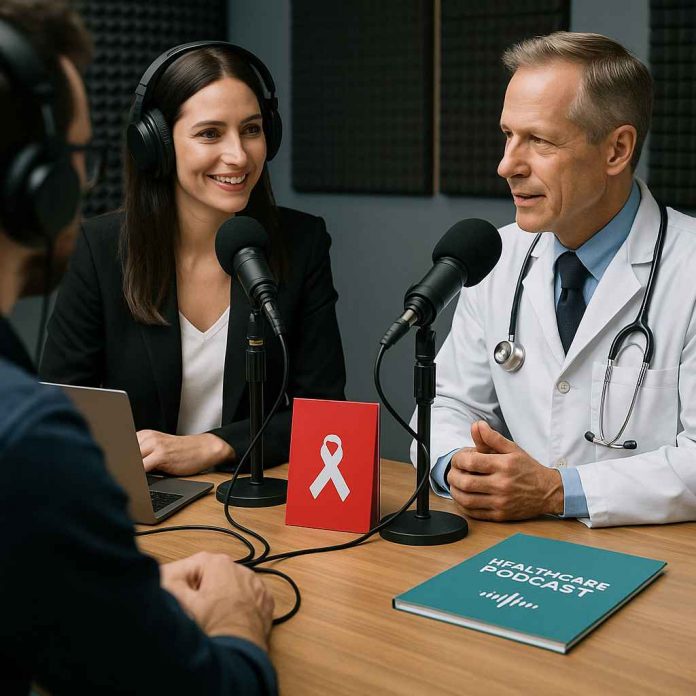 Healthcare podcast recording with pharma branding in a studio