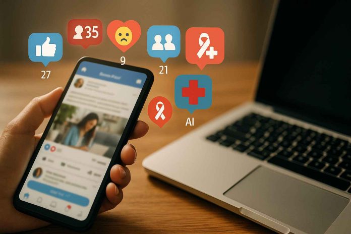 Healthcare marketers planning social media campaigns using AI tools in a collaborative office setting