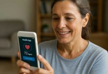 The Rise of Patient-Centric Pharma Marketing: What’s Working in 2025 A middle-aged woman smiles while checking her heart rate on a health monitoring app in her living room. The image highlights digital tools central to patient-centric pharma marketing strategies in 2025.