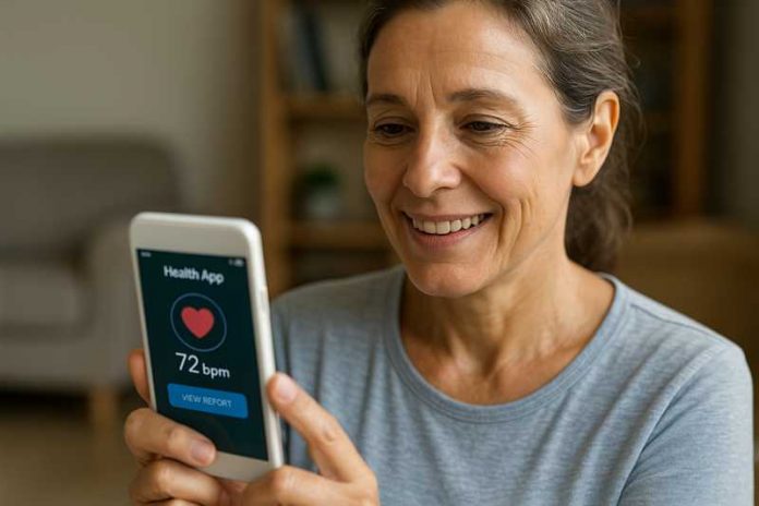A middle-aged woman smiles while checking her heart rate on a health monitoring app in her living room. The image highlights digital tools central to patient-centric pharma marketing strategies in 2025.