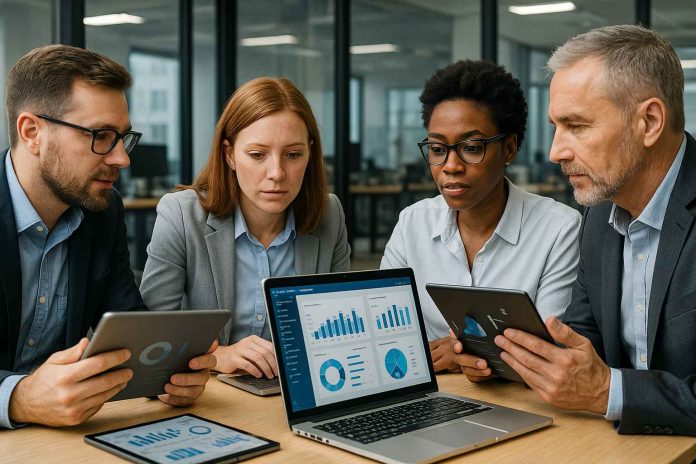 Pharma researchers analyzing data for market insights in 2025