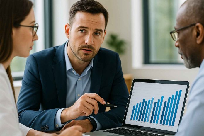 Pharma marketers discussing data-driven strategies in office