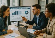 Basics in Programmatic Display Ads Pharma marketing professionals examining programmatic display ad analytics on multiple screens