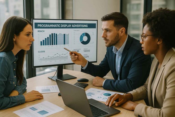 Pharma marketing professionals examining programmatic display ad analytics on multiple screens