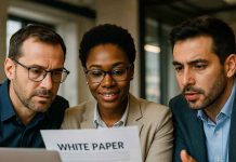 Do White Papers Still Work in Pharma Marketing? Pharma marketers discussing white paper content on laptop during strategy meeting