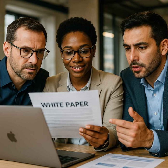 Pharma marketers discussing white paper content on laptop during strategy meeting