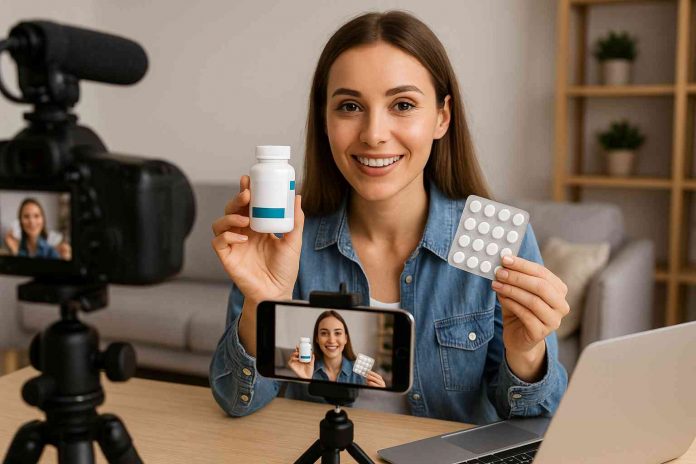 Healthcare content creator filming influencer marketing campaign for pharmaceutical brand