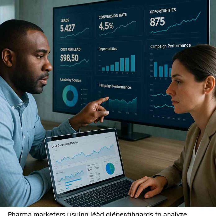 Pharma marketing team analyzing lead gen results on digital screens.
