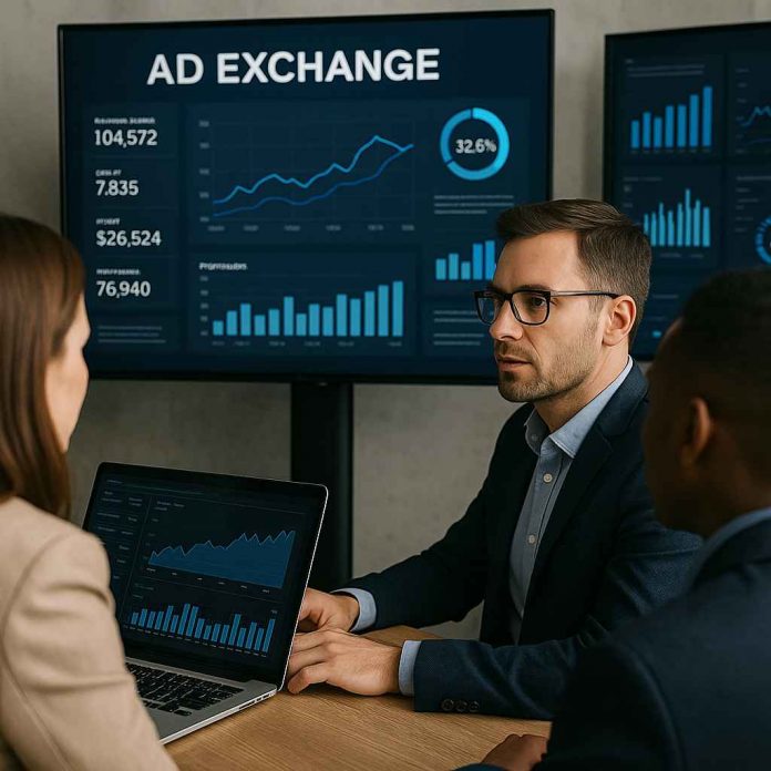 Pharma marketers analyzing ad exchange dashboard on digital screens