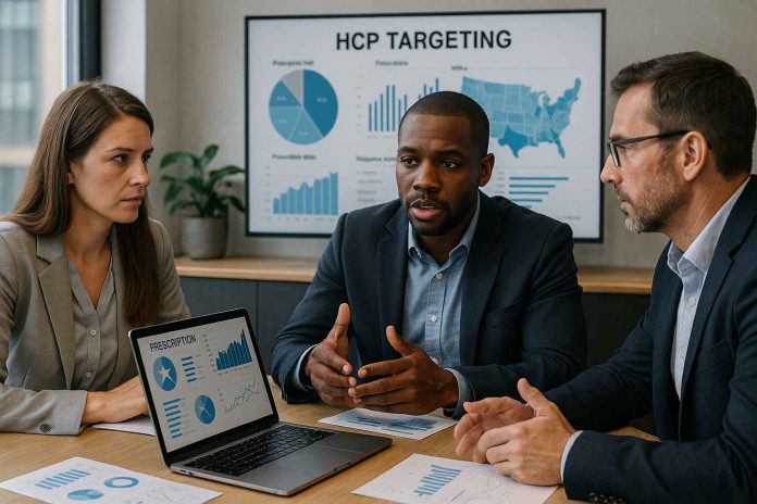 Team discussing healthcare provider targeting in pharma marketing.