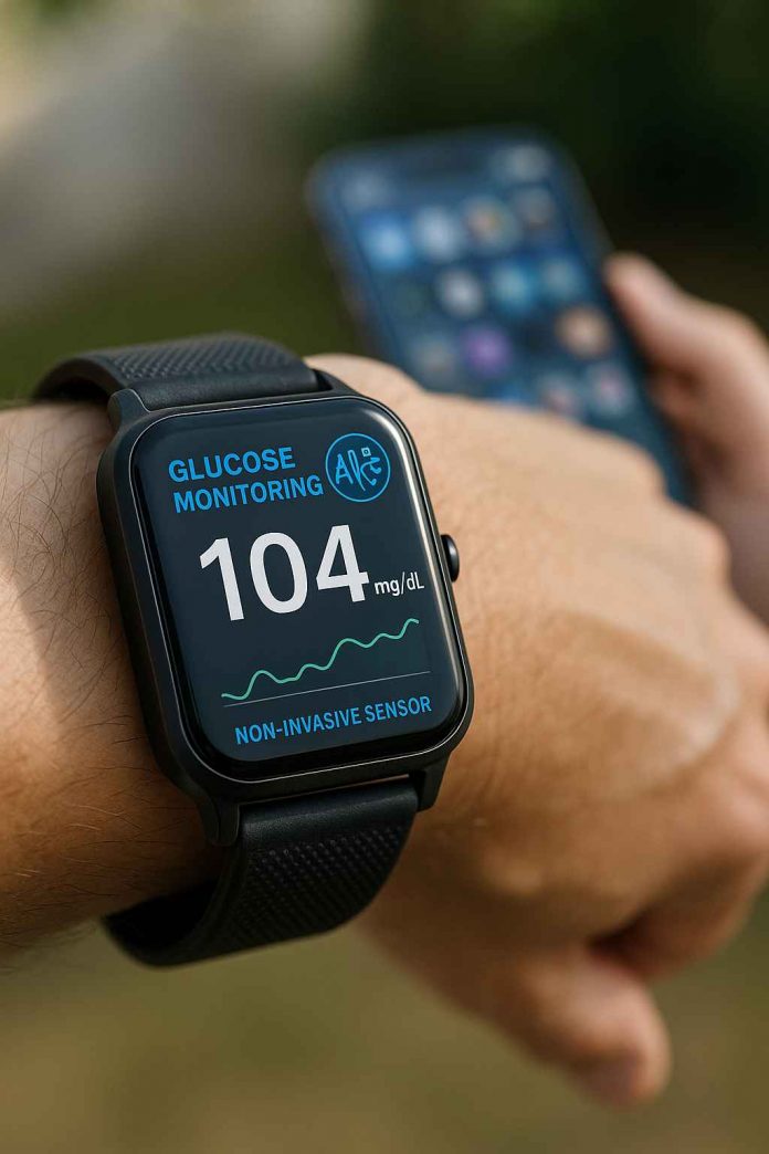 Smartwatch with non-invasive glucose monitoring display on a person’s wrist