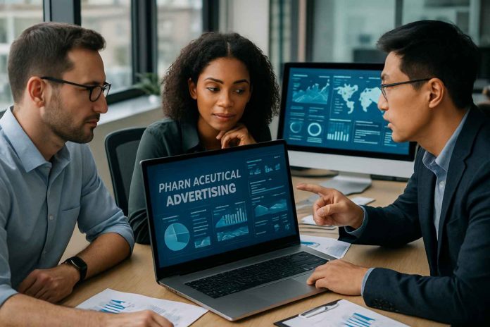 Team discussing digital pharmaceutical advertising trends using data tools