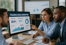 Pharma Email Marketing Solutions for Large Lists Pharma marketers examining email marketing performance data.