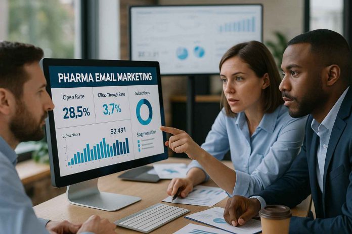 Pharma marketers examining email marketing performance data.