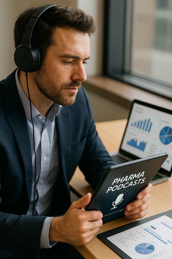Pharma marketing professional listening to a podcast in 2025.