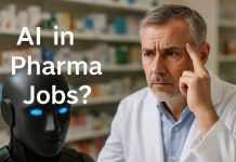 Will AI Replace Pharma Jobs? What Experts Predict Pharma expert interacting with AI-based medical data on a digital screen.