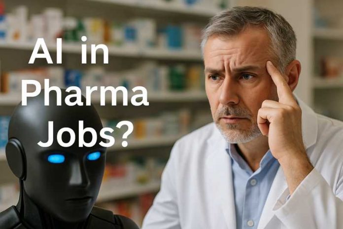 Pharma expert interacting with AI-based medical data on a digital screen.