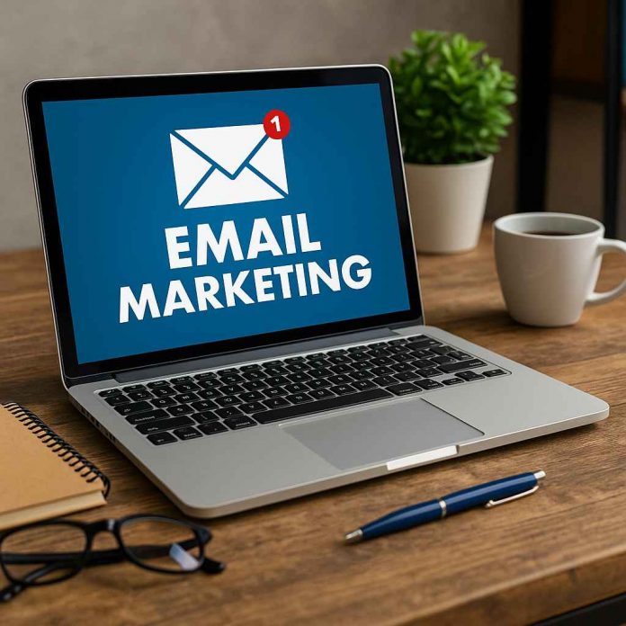 Tablet showing pharma email campaign interface with patient data