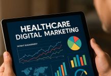 Winning with Healthcare Digital Marketing in 2025 Pharma marketing expert reviewing healthcare digital marketing performance data on tablet.