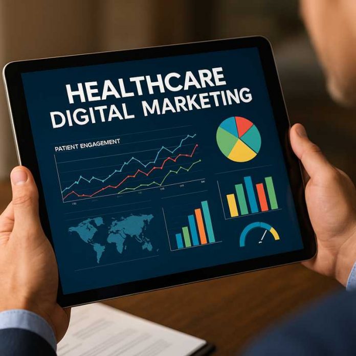 Pharma marketing expert reviewing healthcare digital marketing performance data on tablet.