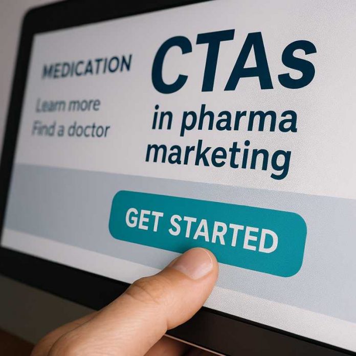 Pharma marketer analyzing CTA metrics on a digital dashboard.