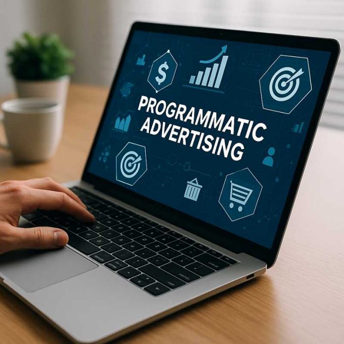 eam reviewing pharma programmatic advertising data in office.