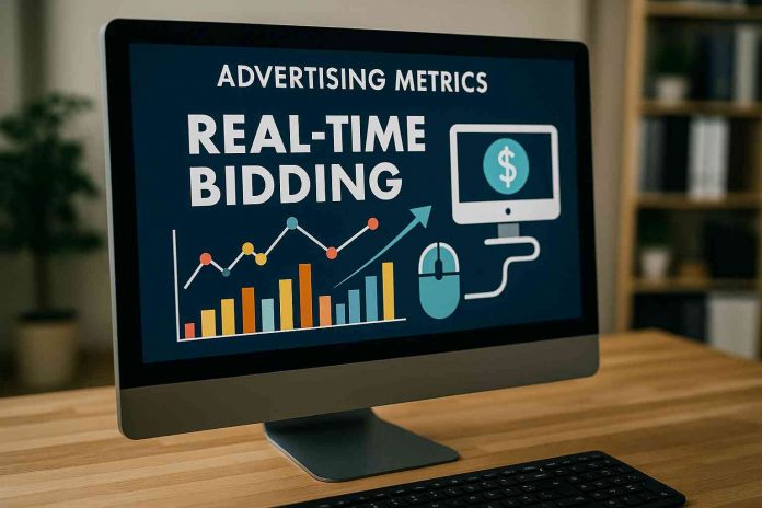 Pharma marketer reviewing real-time bidding campaign data on screen