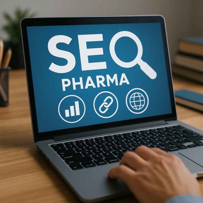 Digital marketer analyzing SEO performance for pharma brand on laptop