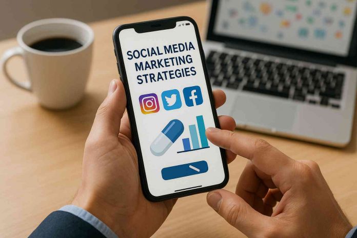 Pharmaceutical marketers collaborating on a social media campaign plan.