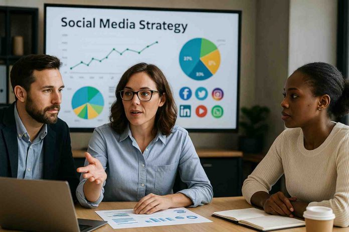 Pharma marketers planning a social media campaign with data charts.