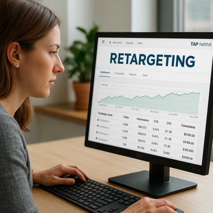 Healthcare marketer reviewing TAP Native retargeting campaign analytics on a computer screen.