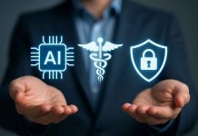 Privacy and AI in Pharma Marketing Digital image showing AI tech balancing patient privacy in pharma marketing