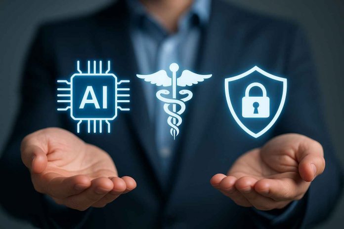 Digital image showing AI tech balancing patient privacy in pharma marketing