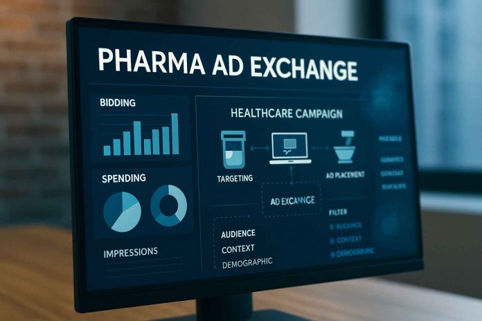 Digital interface displaying pharma ad exchange bidding and healthcare campaign targeting.