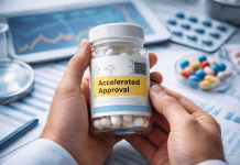 Marketing in the Gray Zone: Launching with Conditional Approvals and Incomplete Data Hands holding a prescription bottle labeled "Accelerated Approval" surrounded by charts, pills, and lab documents representing conditional drug marketing strategies.