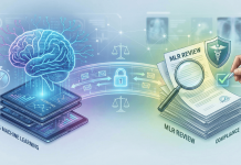 AI Meets MLR: Can Machine Learning Streamline Pharma Compliance Safely? Illustration of AI and machine learning tools streamlining MLR (Medical, Legal, Regulatory) compliance review, showing a digital brain, secure data exchange, and reviewed documents with a compliance checkmark.