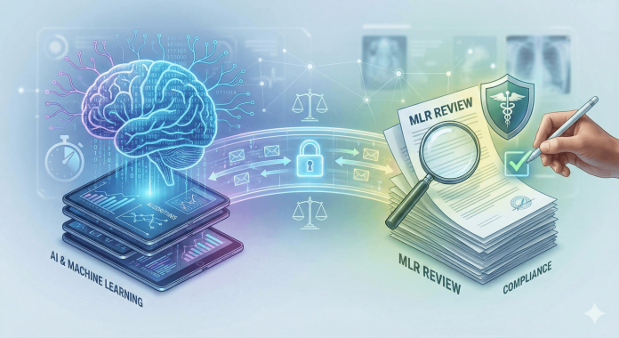Illustration of AI and machine learning tools streamlining MLR (Medical, Legal, Regulatory) compliance review, showing a digital brain, secure data exchange, and reviewed documents with a compliance checkmark.