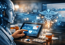 Beating the Algorithm: Designing Pharma Content That Gets Seen in AI‑Prioritized Channels A futuristic AI face and doctor interacting with health data on a tablet surrounded by digital medical icons and pills.