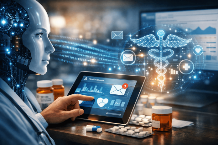 A futuristic AI face and doctor interacting with health data on a tablet surrounded by digital medical icons and pills.