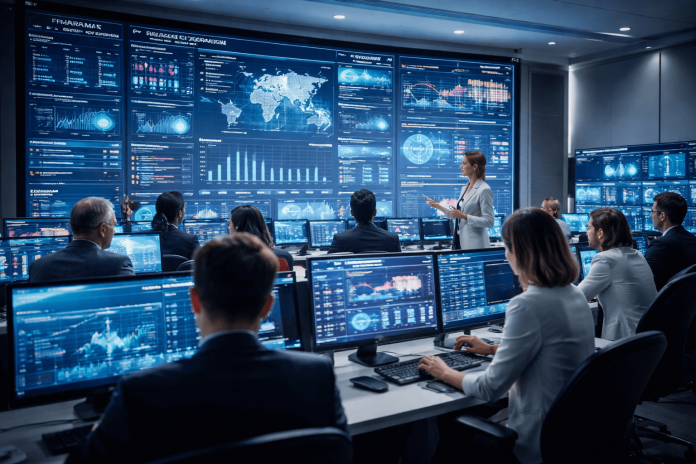 Pharma marketing command center with professionals analyzing real-time data on digital screens.
