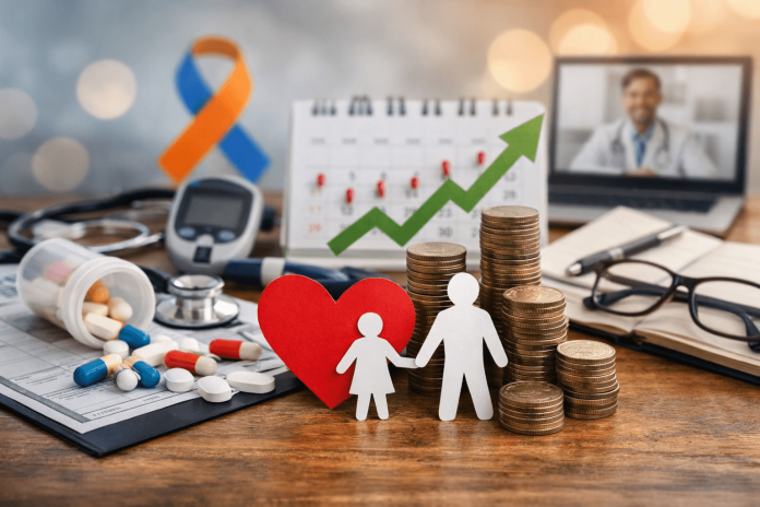 Visual representation of chronic disease management including pills, medical tools, a heart symbol, coins, and a virtual doctor consultation.
