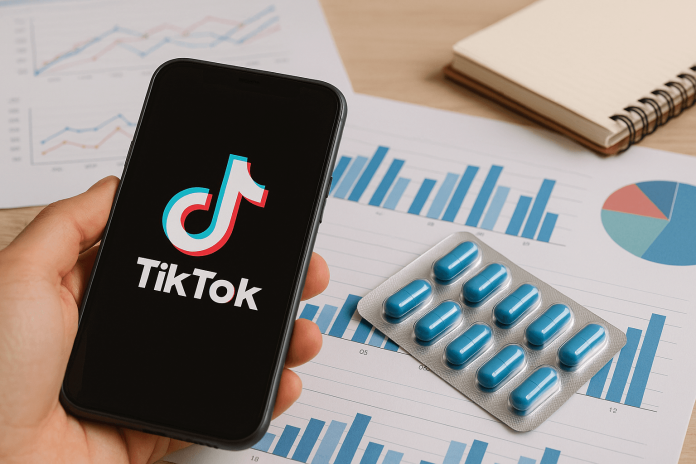 Hand holding a smartphone with the TikTok app open, next to a blister pack of blue pills and data charts on a wooden desk.