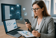 The Digital Frontline: Field Reps as Omnichannel Orchestrators A professional pharma sales rep manages digital tools and sales data in a modern office, representing the shift to omnichannel orchestration.