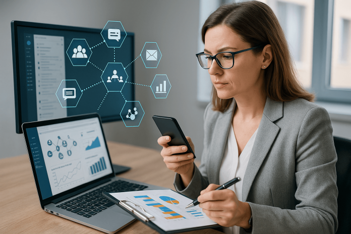 A professional pharma sales rep manages digital tools and sales data in a modern office, representing the shift to omnichannel orchestration.