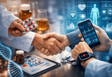 Competing for the Patient Relationship: What Pharma Can Learn from Digital Health Startups A healthcare professional and a digital startup leader shaking hands, symbolizing collaboration between pharma and digital health through data-driven technology and patient care innovation.