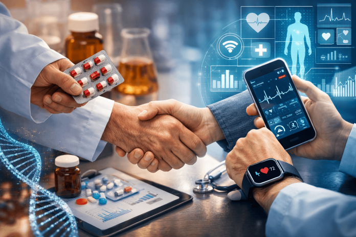 A healthcare professional and a digital startup leader shaking hands, symbolizing collaboration between pharma and digital health through data-driven technology and patient care innovation.